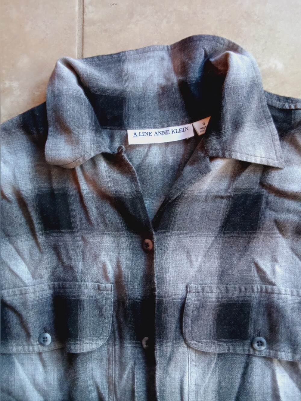 A Line Anne Klein Shirt Size S Women's Gray Plaid Button-Down Shirt